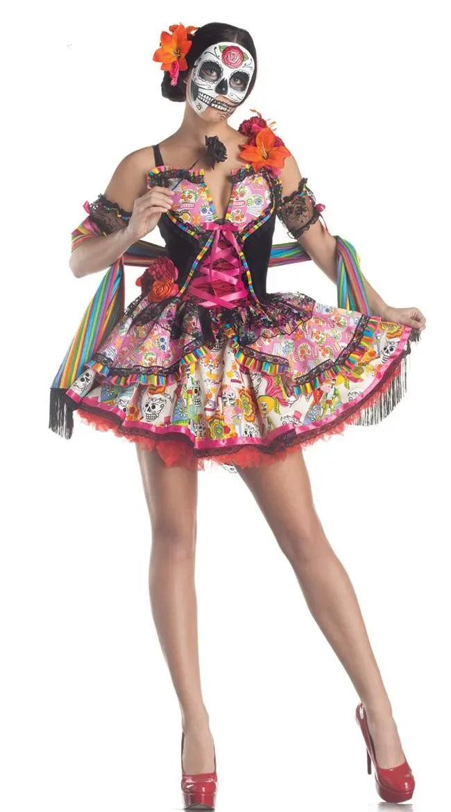 Carnival Party Halloween Mexico Day Of The Dead Women Sexy Sugar Skull Flower Fairy Ghost Bride Costume Cosplay Fancy Dress