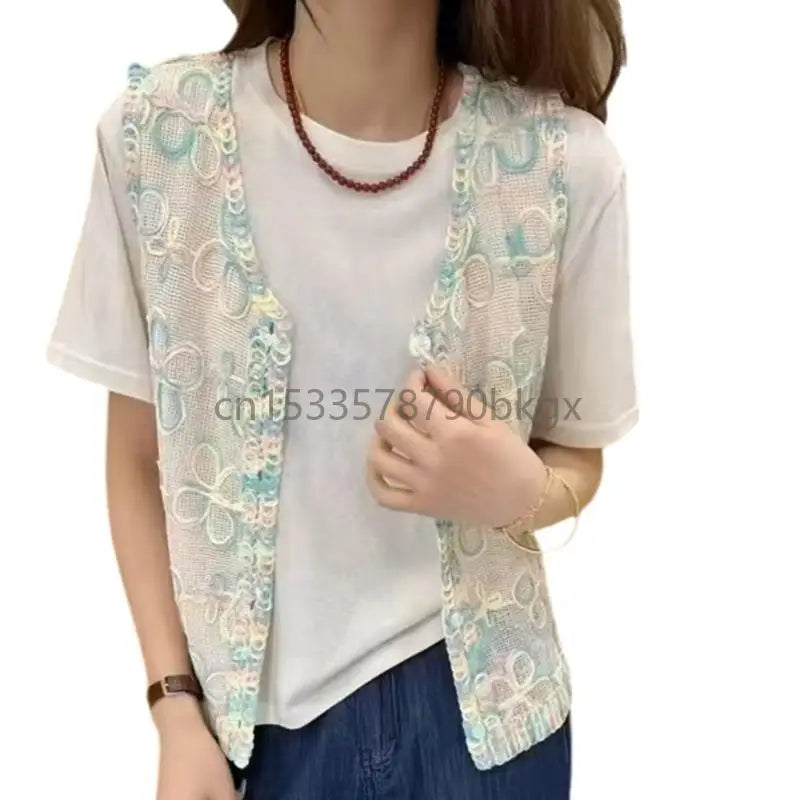 Summer Elegant Crochet Knit Flower Sleeveless Button Up Vest Cardigan for Women J78E