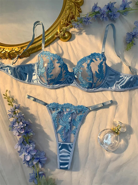 Sexy Adult Lingerie Set Light Blue Ultra Thin Mesh Underwear Delicate Embroidery Bra and Panties Sets Translucent Sexy Lingerie