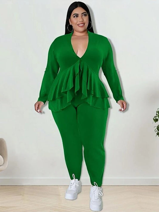 Plus Size Women Clothing Chic and Elegant Pants Suit Set Two Piece Sets Coat Ruffle Blazer Sets Wholesale Bulk Dropshipping