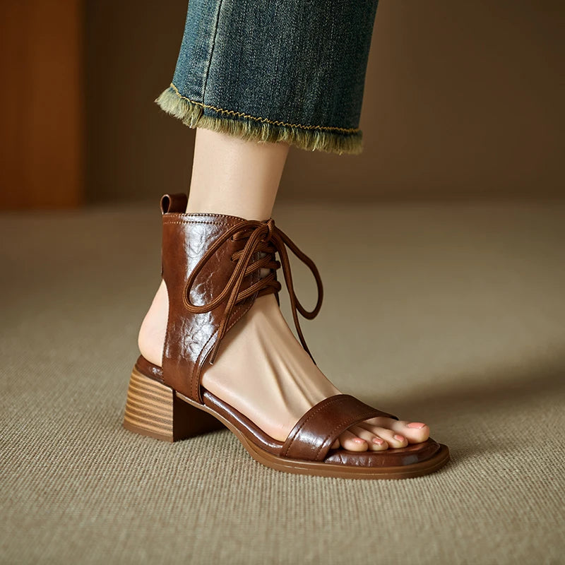 Fashion Ladies Elegant Mid Heel Open Toe Genuine Leather Women Summer Retro French Style Leisure Thick Lace Up Sandals Shoes