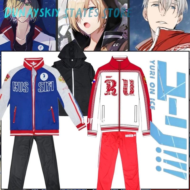 Anime Yuri Plisetsky Victor Nikiforov Cosplay Costume Red Blue Coat Jacket Pants Anime Unisex Halloween Sportswear for Women Men