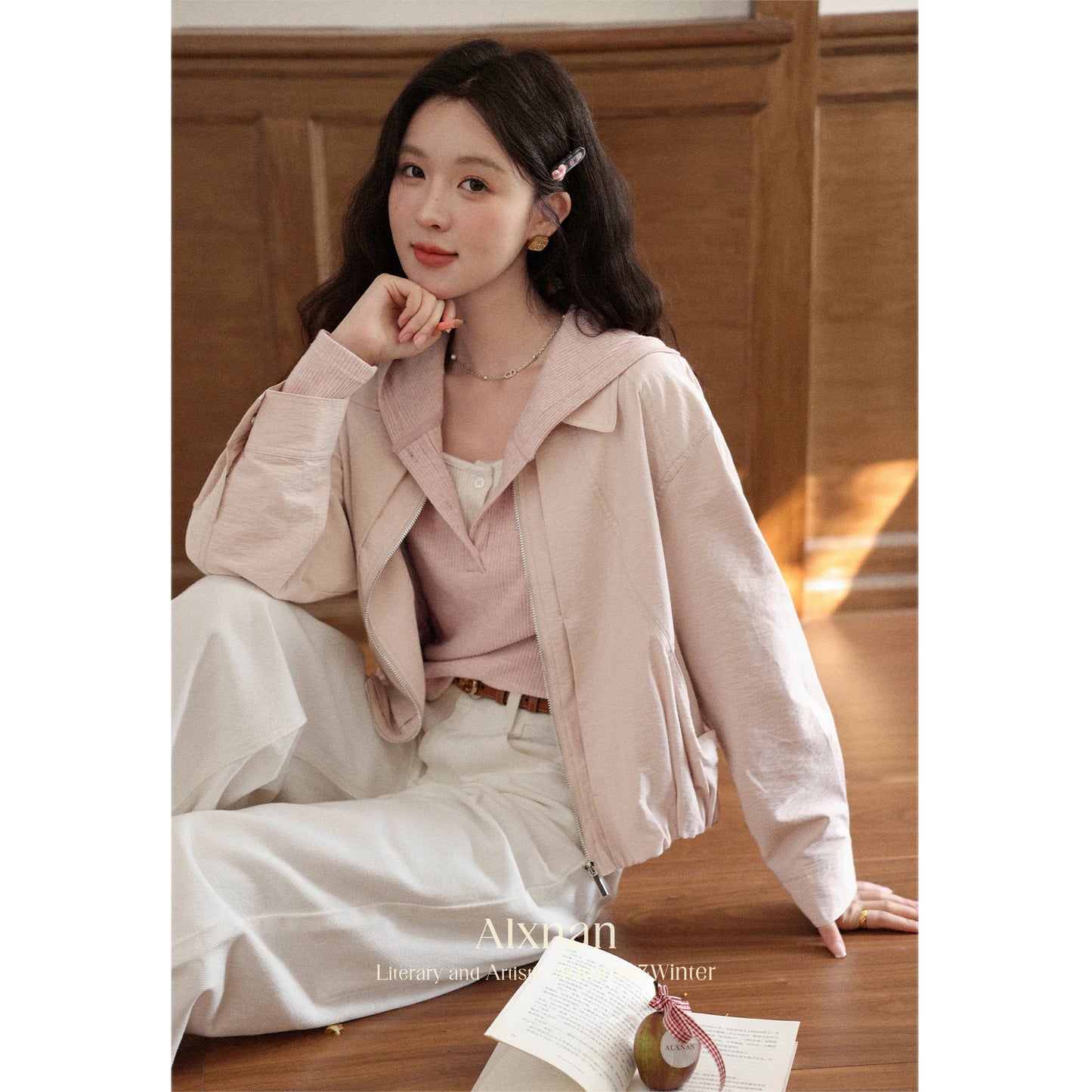 ALXNAN Women's Pink Lapel Jacket Short Coat New Autumn Edition with Gathered Hem Versatile Breathable Cotton Top L56722