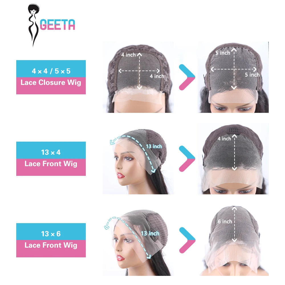 Geeta 13x4 13x6 Transparent Lace Front Human Hair Wig 360 Lace Frontal Wigs Brazilian 4x4 5x5 Lace Closure Wigs for Black Women