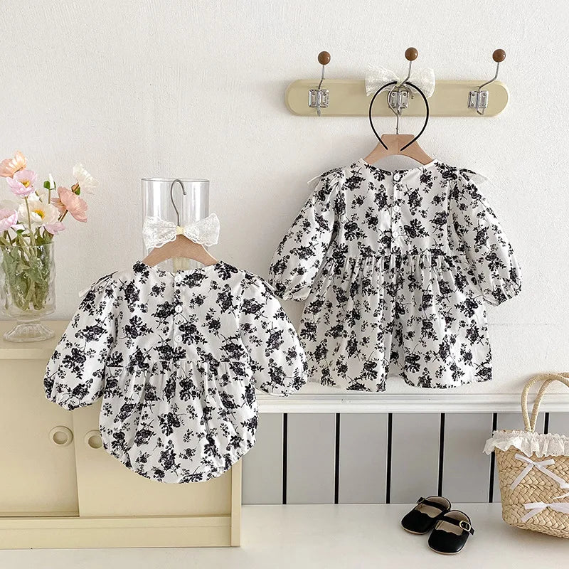 Little Sister Big Sister Matching Floral Print Outfit Cotton Twins Baby Cute Clothes Infant Flower Bodysuit Kids Girls Dresses