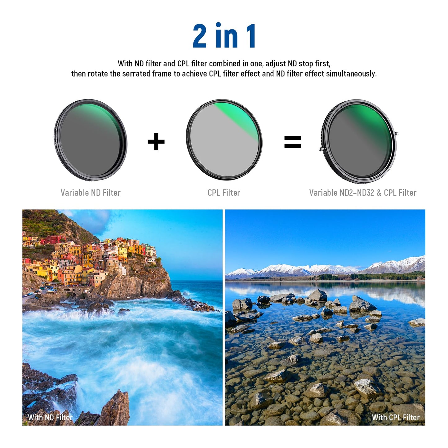NEEWER 2 in 1 58mm Variable ND Filter ND2-ND32&CPL Circular Polarizer