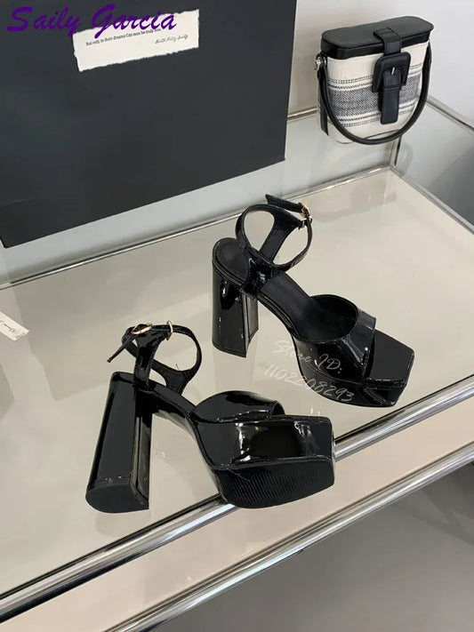 Burgundy Chunky Heel Sandals Square Toe Platform Buckle Strap Catwalk Shoes Patent Fashion Super High Heels 2025 Lady Summer New