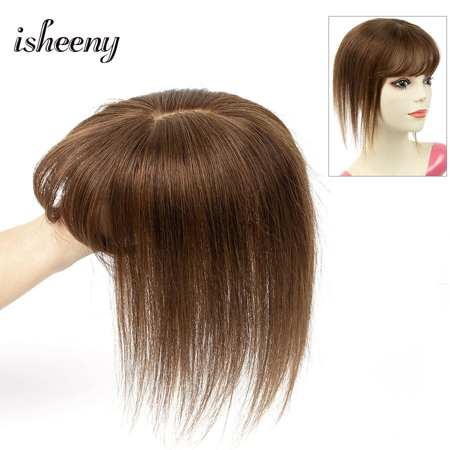 isheeny Dark Brown Human Hair Toppers 8x12cm Real Natural Invisible Top Hairpiece 8-14 inches Black Blonde Clip In Hair Piece