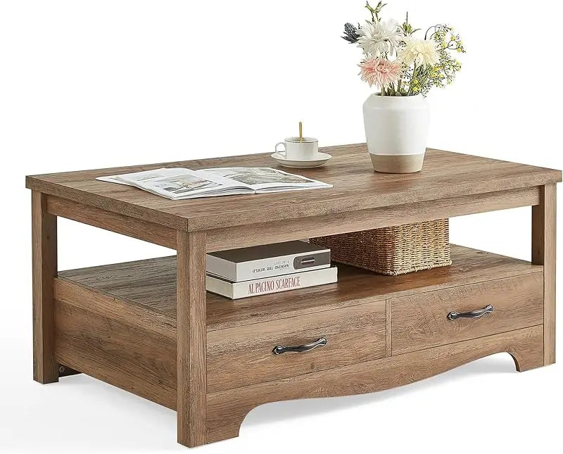 Farmhouse , Wood Coffee Table for Living Room, Open Display Area and Storage Drawers with Me