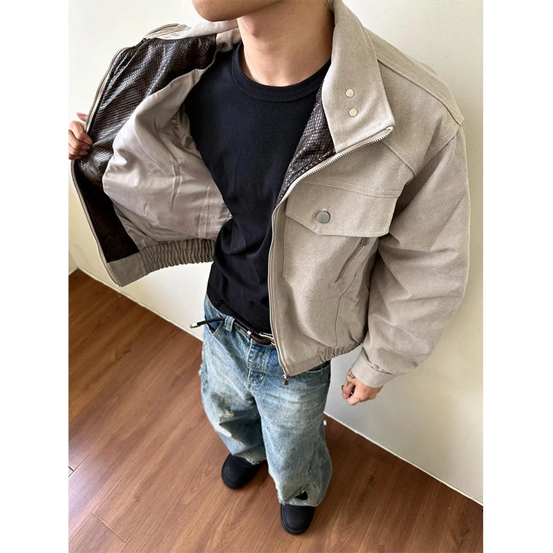 Bla Workwear Jaet Men's Sle Spring Autumn High-End Motorcycle Pilot Coat Stand Collar Snake Pattern Cotton Long Sve