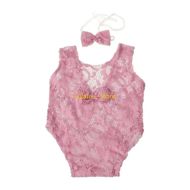 Y4QA Infant Clothes Newborn Photography Props Baby Romper Jumpsuit Headband Set with Lace Floral Photo Outfits