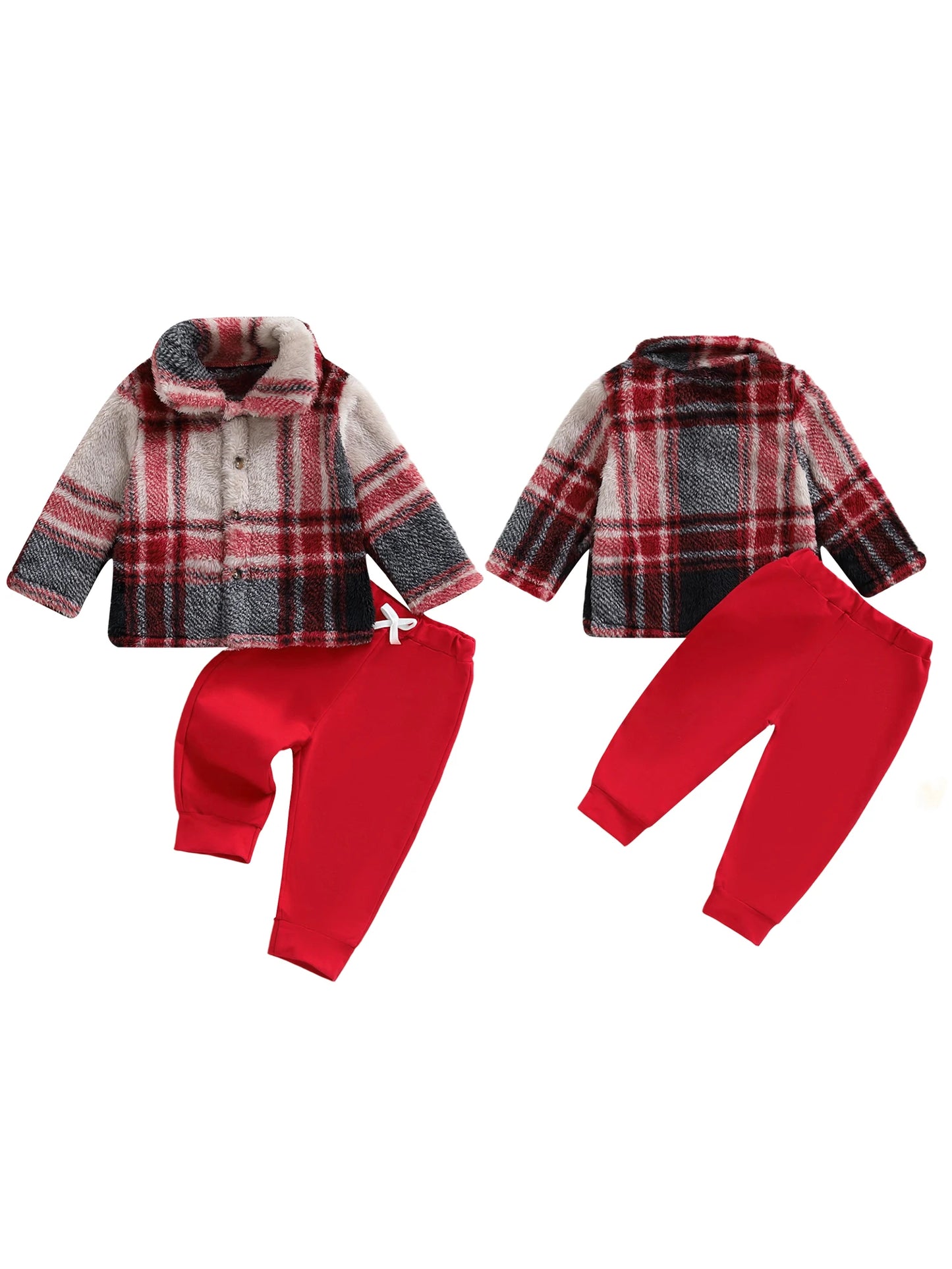 Infant Winter Clothes Set Warm Plaid Fleece Lapel Neck Button Down Long Sleeve Shirt and Pants Outfit for Baby Boy