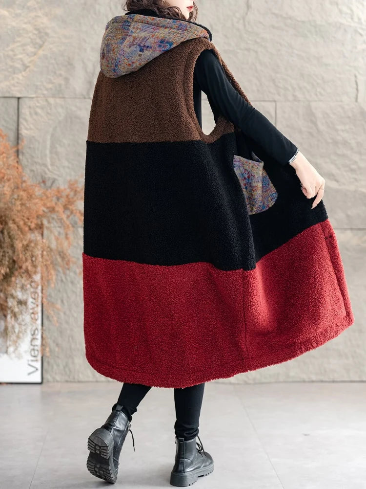 Amax luluE Korean Winter Womens Luxury Fur Padded Long Vest Loose Warm Hooded Sleeveless Coats Classic Casual Thicken Waistcoats