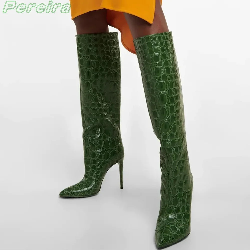 Sexy Serpentine Print Knee-High Boots Pointed Toe Solid Patent Leather Cover Heel Pleated Slip On Fashion 2024 New Arrivals