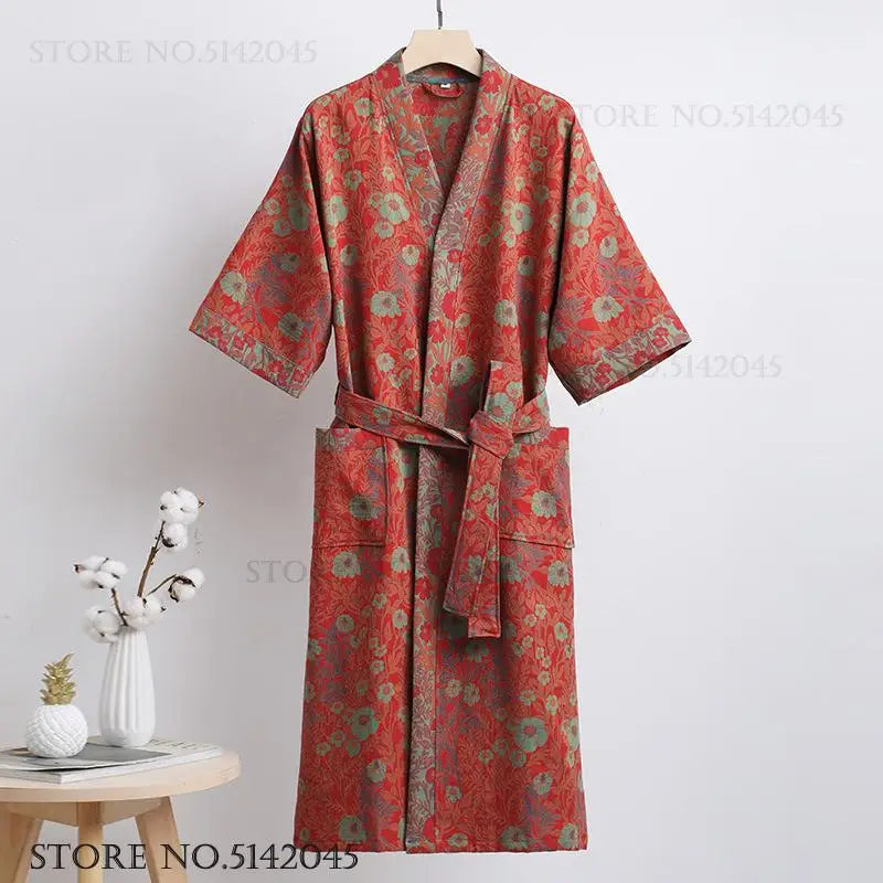 Double Layer Cotton Gauze Long Robe Retro Jacquard Kimono Bathrobe Gown Spring Summer Sleepwear Couple Pijama Loose Lingerie