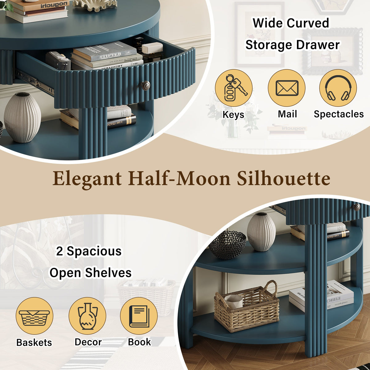 Fluted Half Moon Console Table with Drawer and 2 Shelves for Entryway,