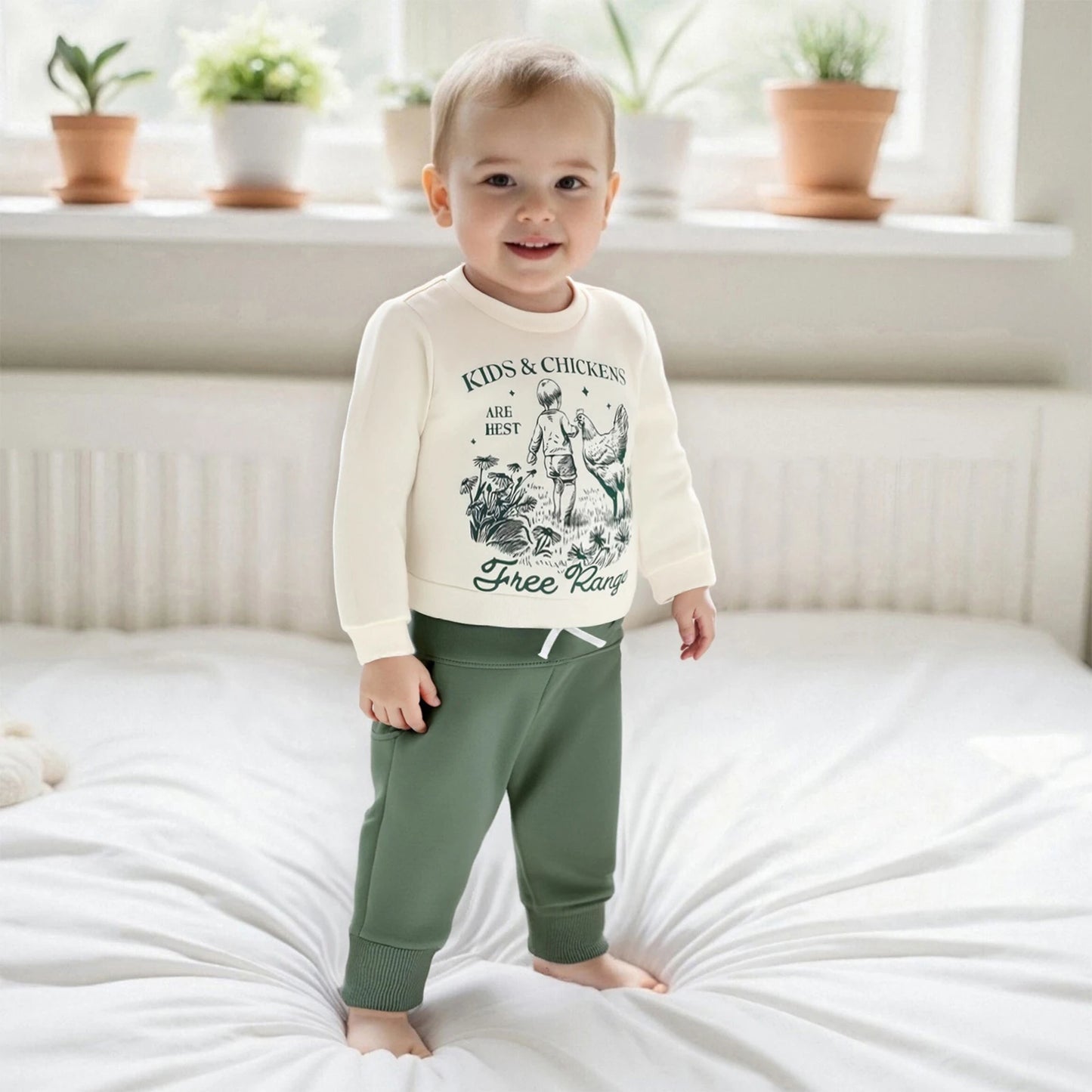 Toddler Baby Boys Fall Clothes Set Kid and Chicken Print Long Sleeve Pullover Sweatshirt Bow Pants 2 Pcs Outfits