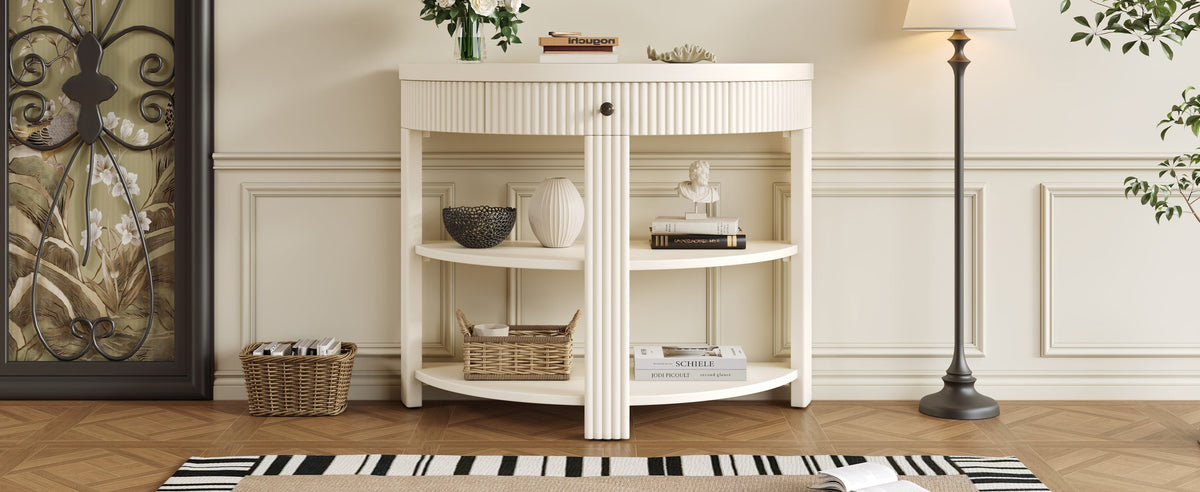 Fluted Half Moon Console Table with Drawer and 2 Shelves for Entryway,
