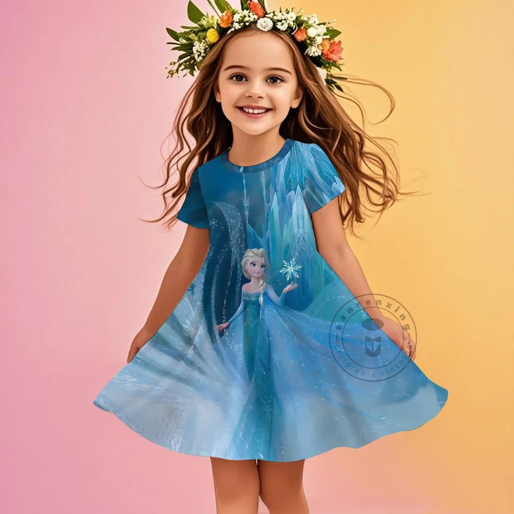 2025 Children Short-Sleeved Dress Cute Princess Series Elsa 3D Print Skirt Summer Baby Girl Clothes Original Brand Clothing