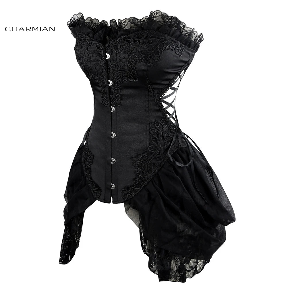 Charmian Burlesque Corset Fantasy Women Sexy Gothic Strapless Floral Lace Plus Size Lace Up Corset with Skirt Bustier Lingerie