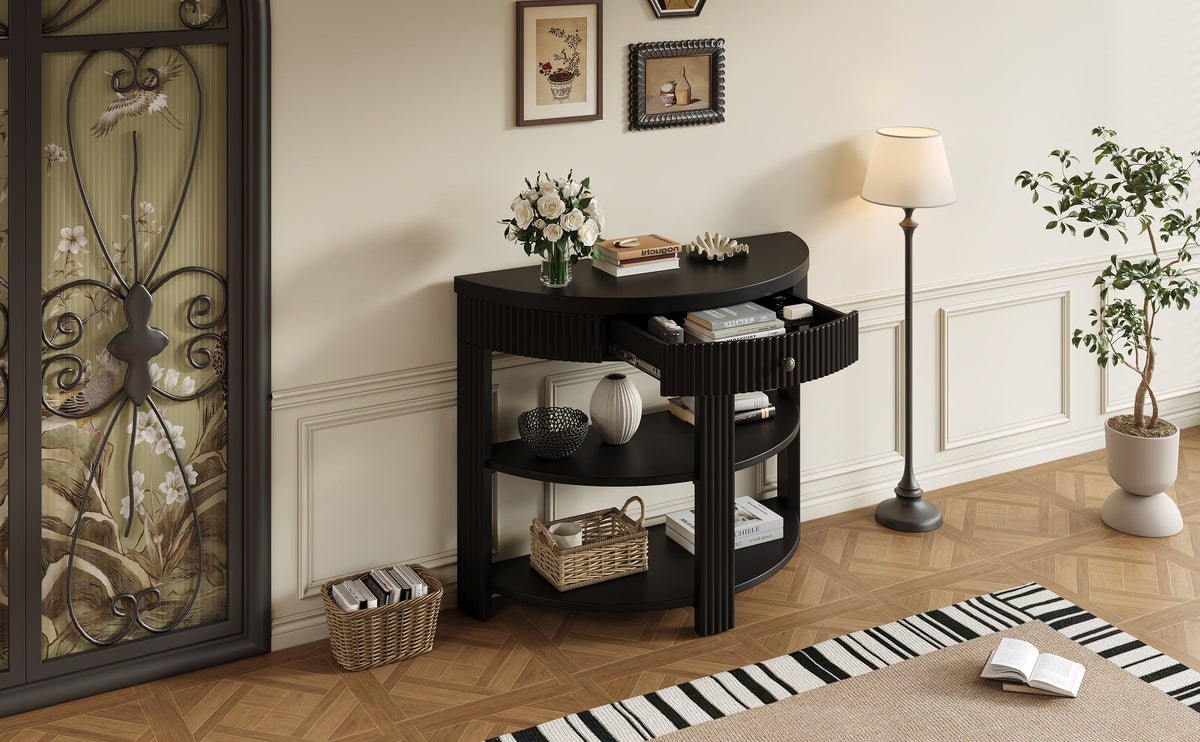 Fluted Half Moon Console Table with Drawer and 2 Shelves for Entryway,