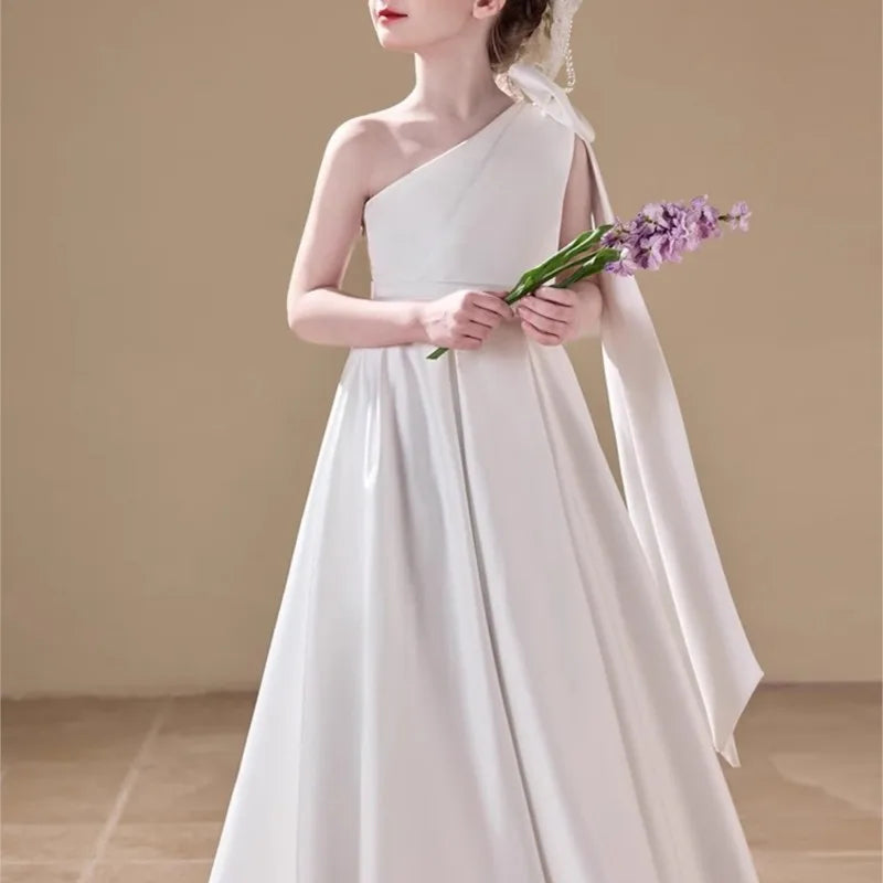 Fashion Baby Girl Princess Bow Satin One Shoulder Long Dress Child Elegant Vestido Wedding Party Birthday Baby Clothes 1-14Y