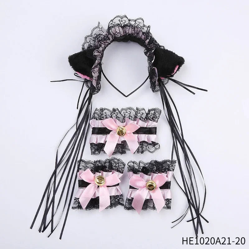 Womens Halloween Maid Lace Cat Ear Headband Hair Accessories Cat Ear Headband Long Tassel Japanese Animation Cosplay Accessories