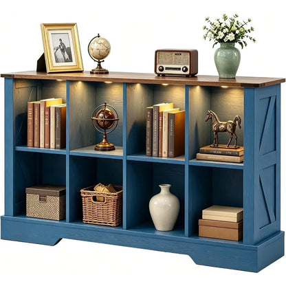 8 Cube Storage Organizer, 2-Tier Book Shelf with LED Lights, Farmhouse Wood Display Bookcase Cabinet for Living Room, Bedroom,