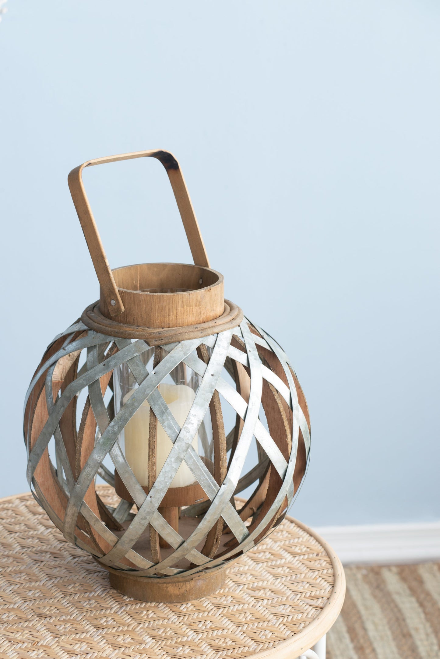 Silver Iron Cage Garden Lantern with Glass Votive Holder, 12.8 in