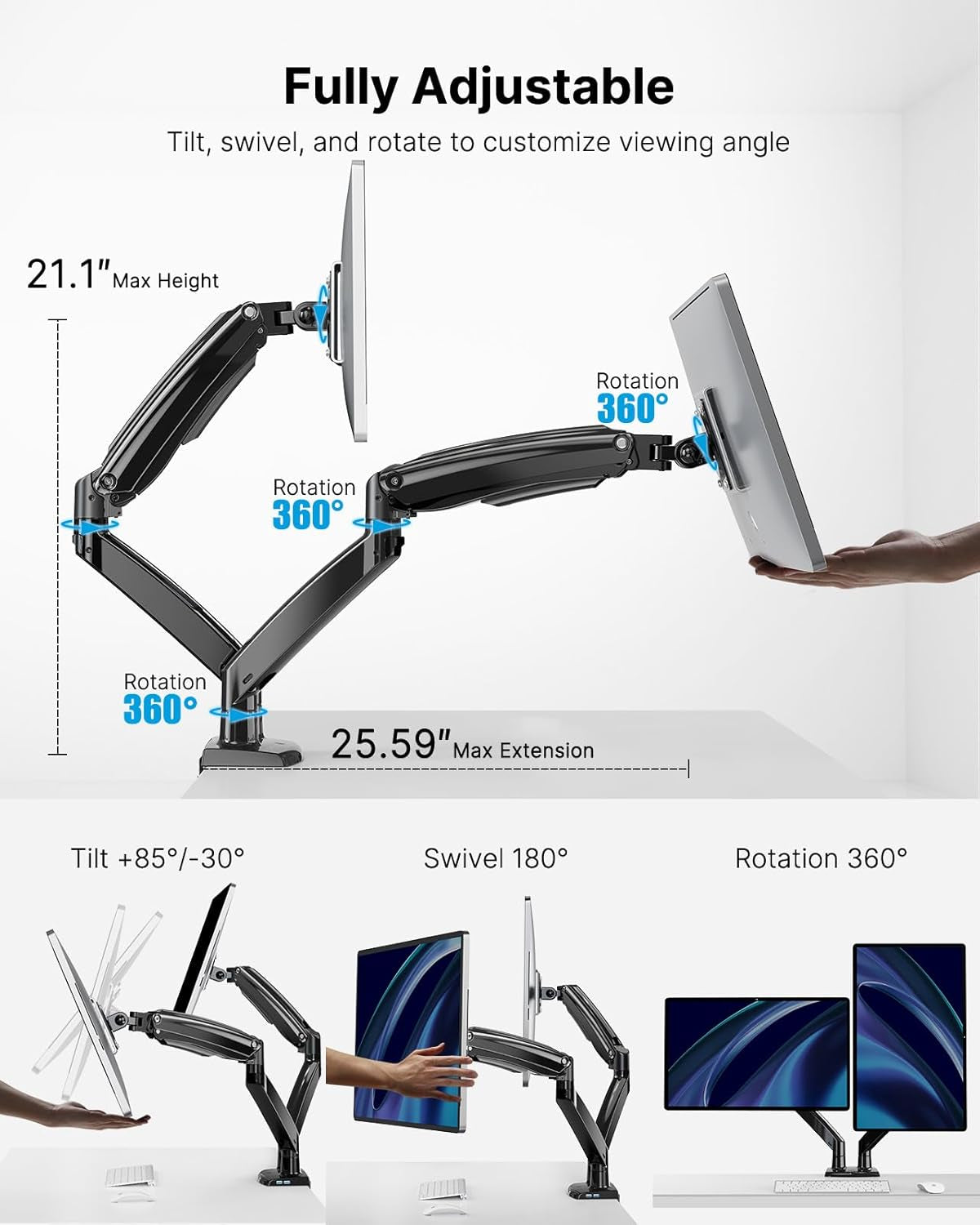 Dual Monitor Stand With USB Port Height Adjustable Arms