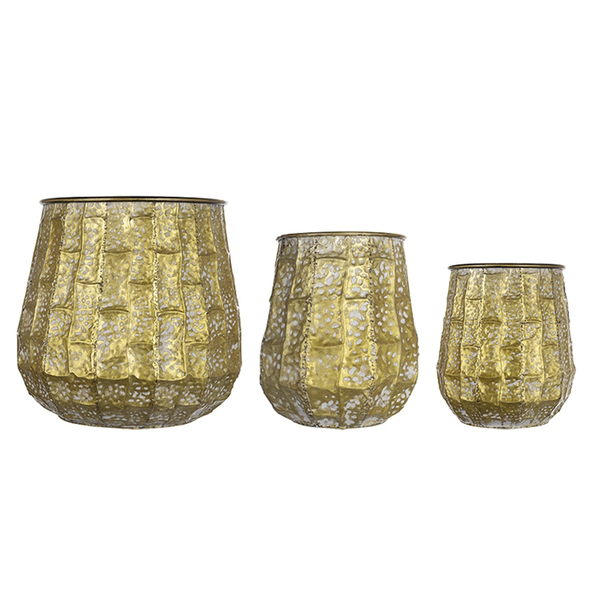 Set of 3 Distressed Antique Yellow Metal Planters, 14 in Tall