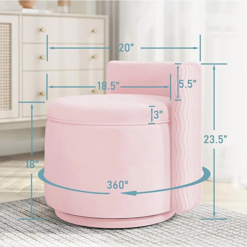360° Swivel Accent Chair with Storage, Vanity Stool with Back,Velvet Storage Ottoman,Upholstered Round Barrel Vanity Chair(Pink)