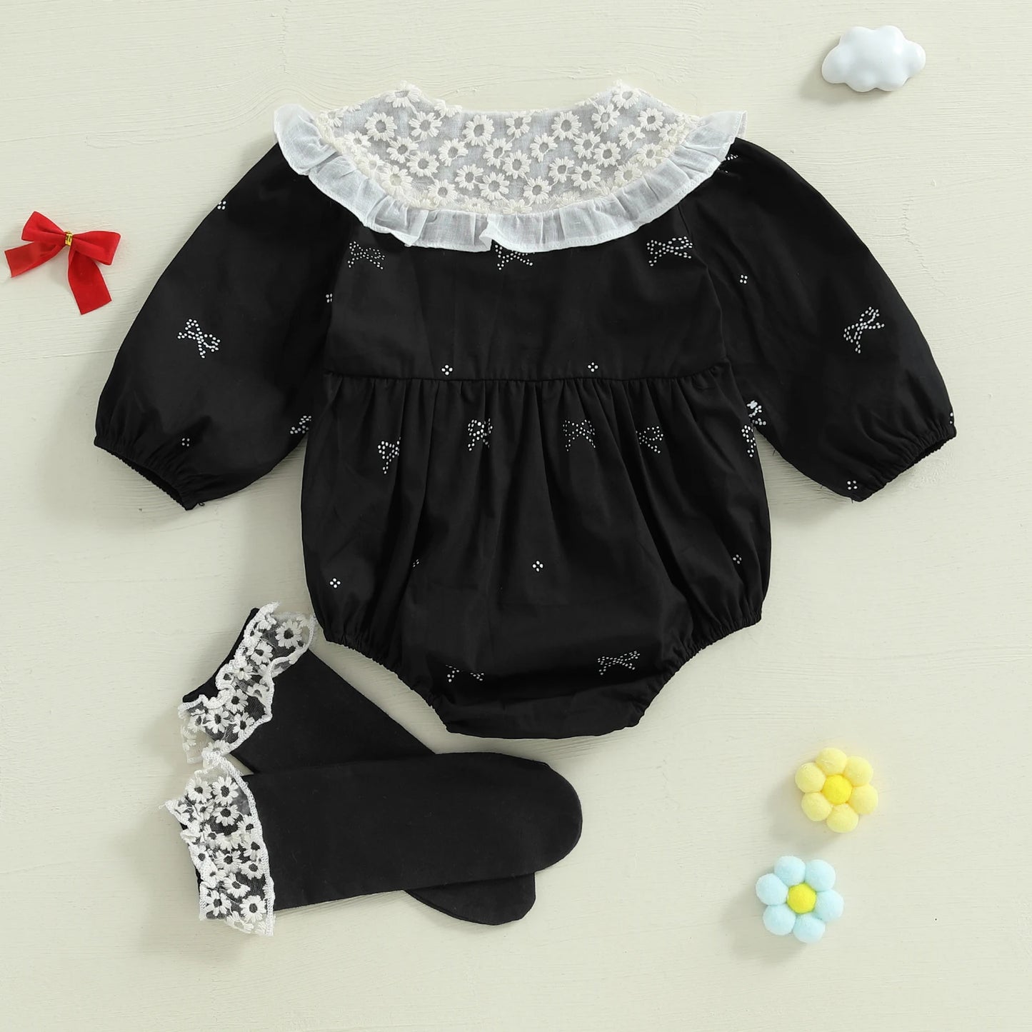 Tregren 0-18M Newborn Baby Girl 2Pcs Spring Summer Outfits Long Sleeve Doll Collar Bow Print Bodysuit with Socks Infant Clothes