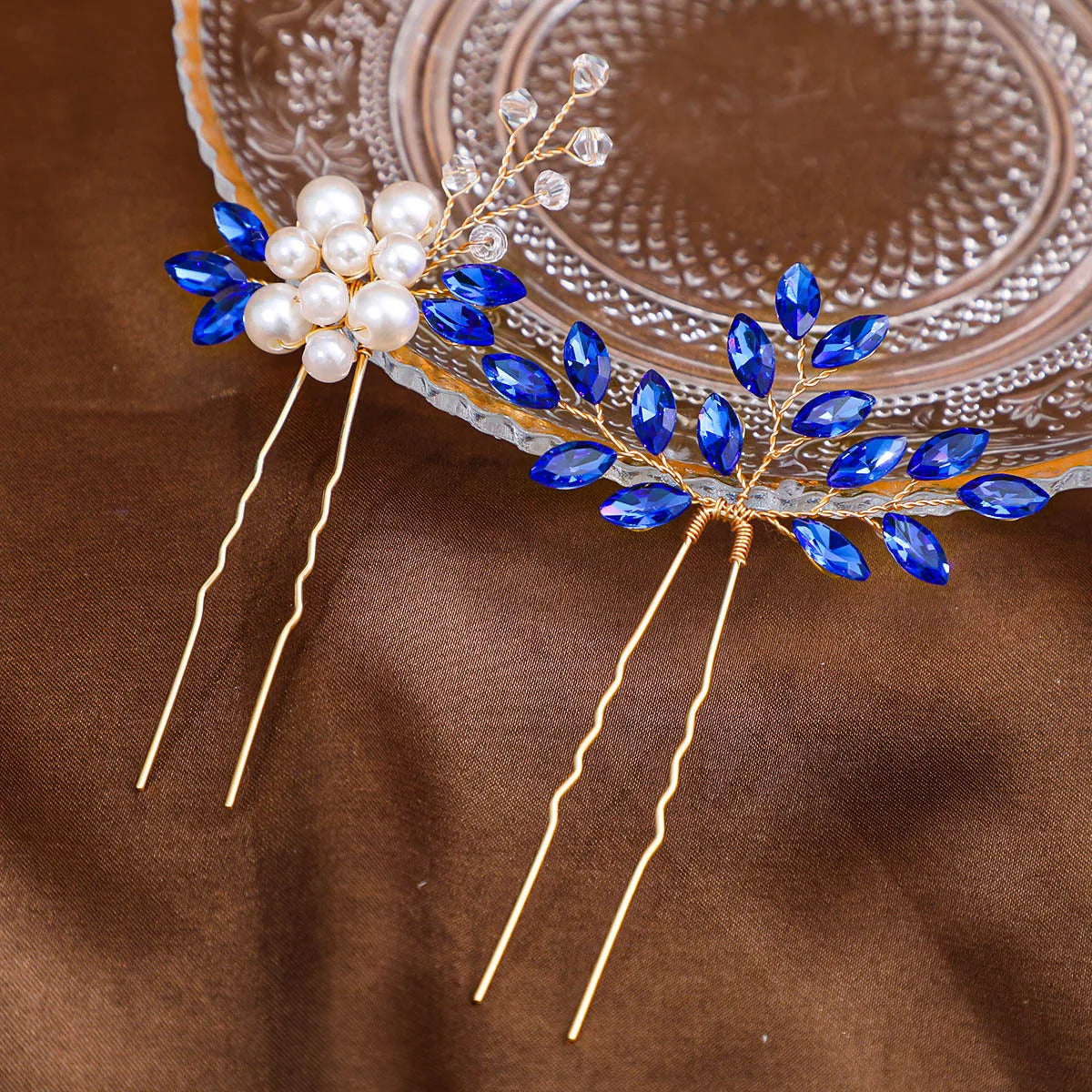 Blue Color Crystal Hair Pins Wedding Jewelry Accessories Head Decoration Bride Headdress Women Tiara Hair Bands Hair Vine