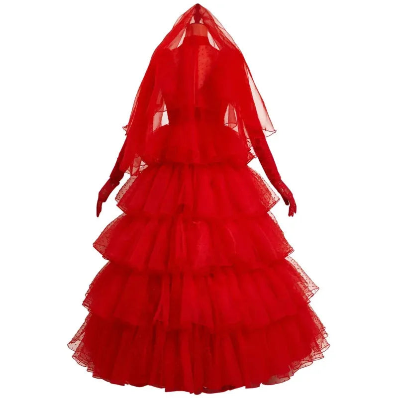 New 2025 Beetle Cosplay Juice Costume Lydia Red Wedding Dress Outfits Women Retro Long Sleeve Lace Tulle Bride Gown Hallo eqs9X