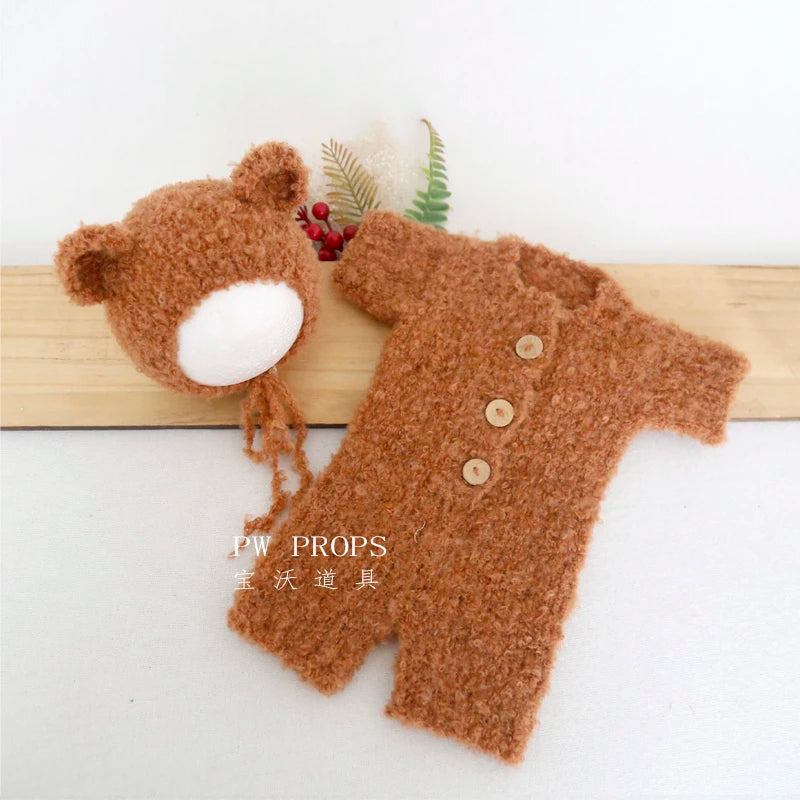 Hand Knitted Wolf Pup Footed Outfit Set Baby Boy Animal Romper Newborn Photography Prop Fuzzy Crochet Teddy Bear Overall Clothes