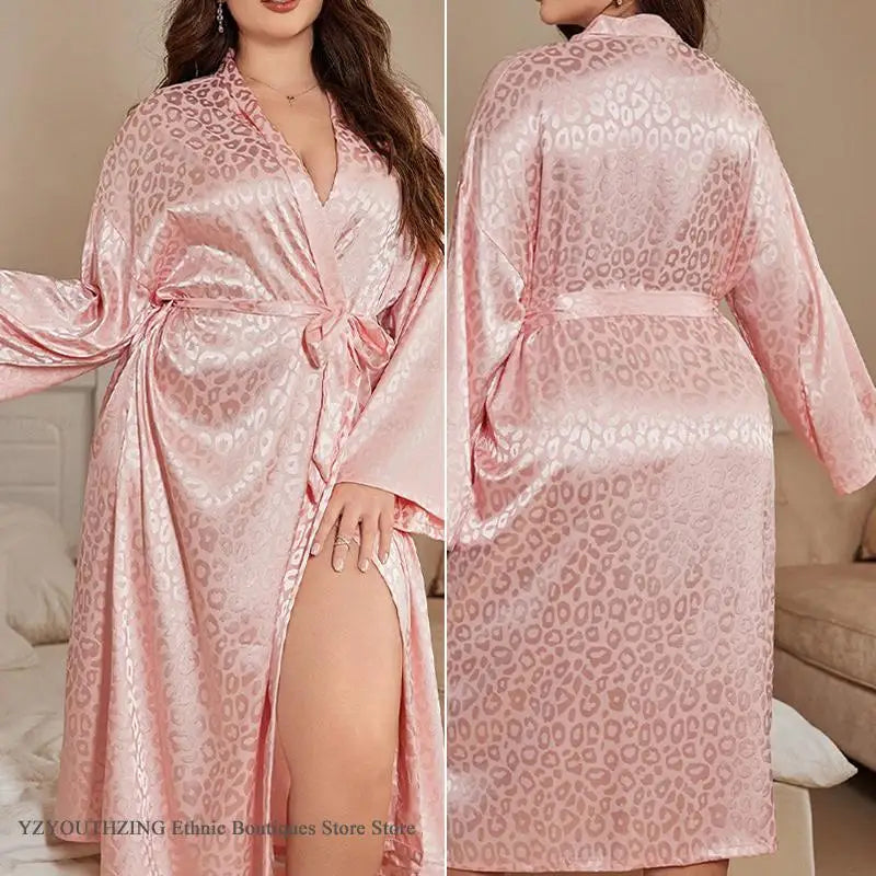 PLUS SIZE 5XL Female Long Robe Lingerie SEXY Leopard Kimono Bathrobe Gown Loose Casual Loungewear Home Dress Women's Sleepwear