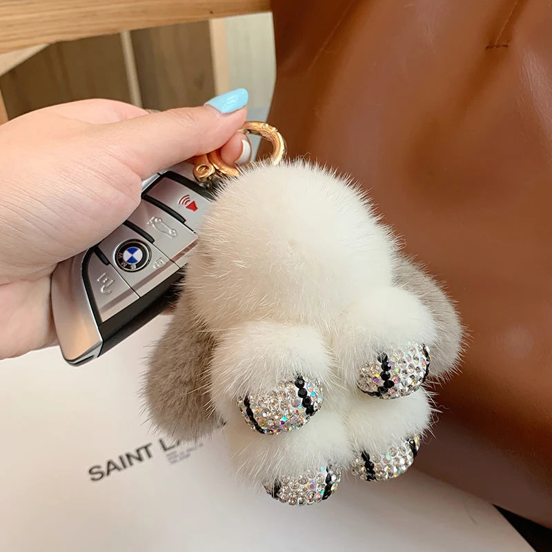 Mink Bunny Keychain Pompon Keyring Bunny For Women Bag Charms Car Key Chain Cute Rabbit Key Ring On Bag Car Trinket Pendant Gift