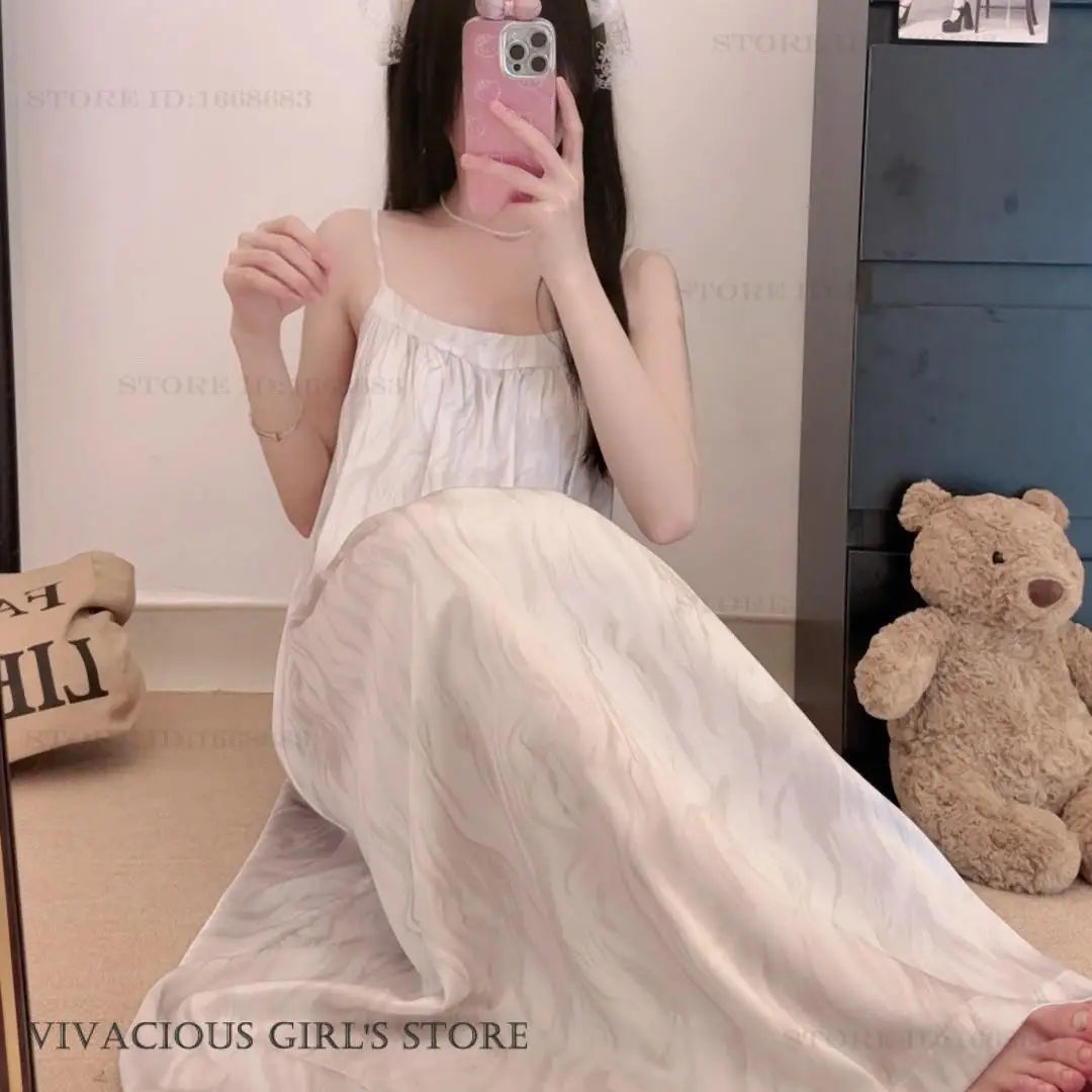 Summmer New Female Long Nightgown Home Dressing Gown Sexy Suspender Nightdress Intimate Lingerie Silky Satin Nightwear Nightie