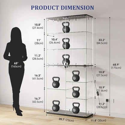 Full Glass Display Cabinet for Collectibles: Tempered Glass, Black, RGB Lights with Adjustable Brightness