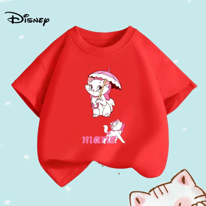 Summer Baby Girls Solid Clothes Kid Disney Marie Cat Printed Short Sleeve T-shirts Children Cartoon O-Neck Soft Breathable Top