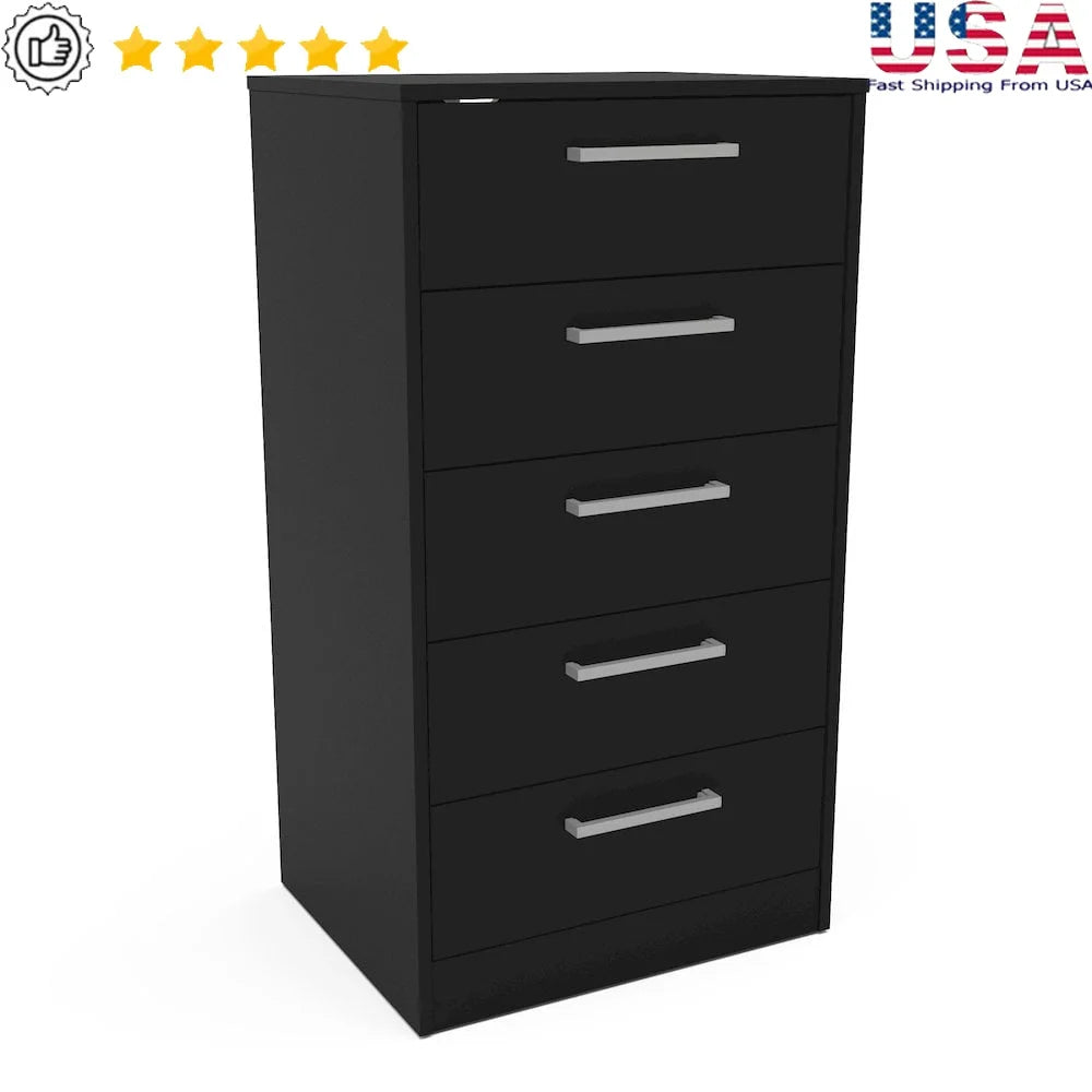 5 Drawer Dresser Storage Unit Black Engineered Wood Melamine Finish Scratch Resistant Anti-Tip System Ball Bearing Glides