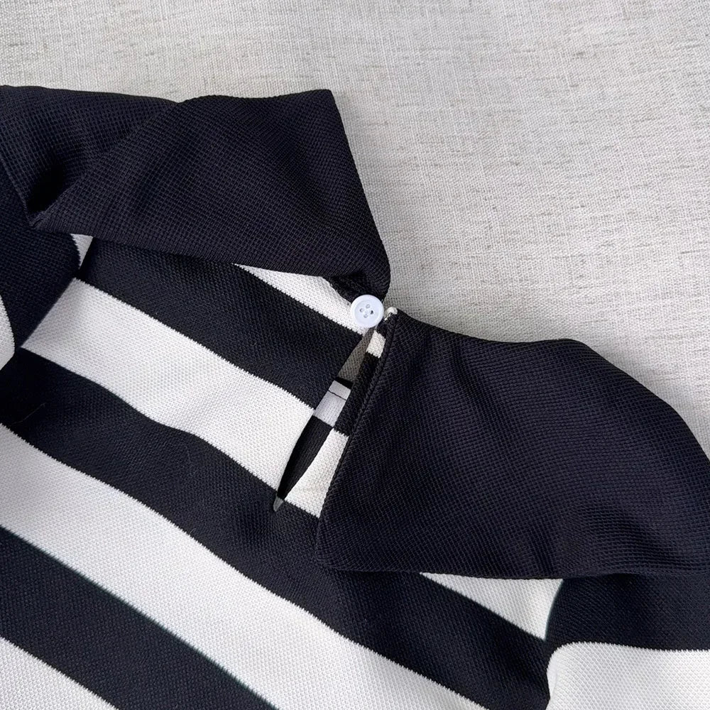 Black and White Fashion Korean Version Autumn New Girls' Casual Clothes Lapel Striped Long Sleeved Dress for Children Aged 3-7