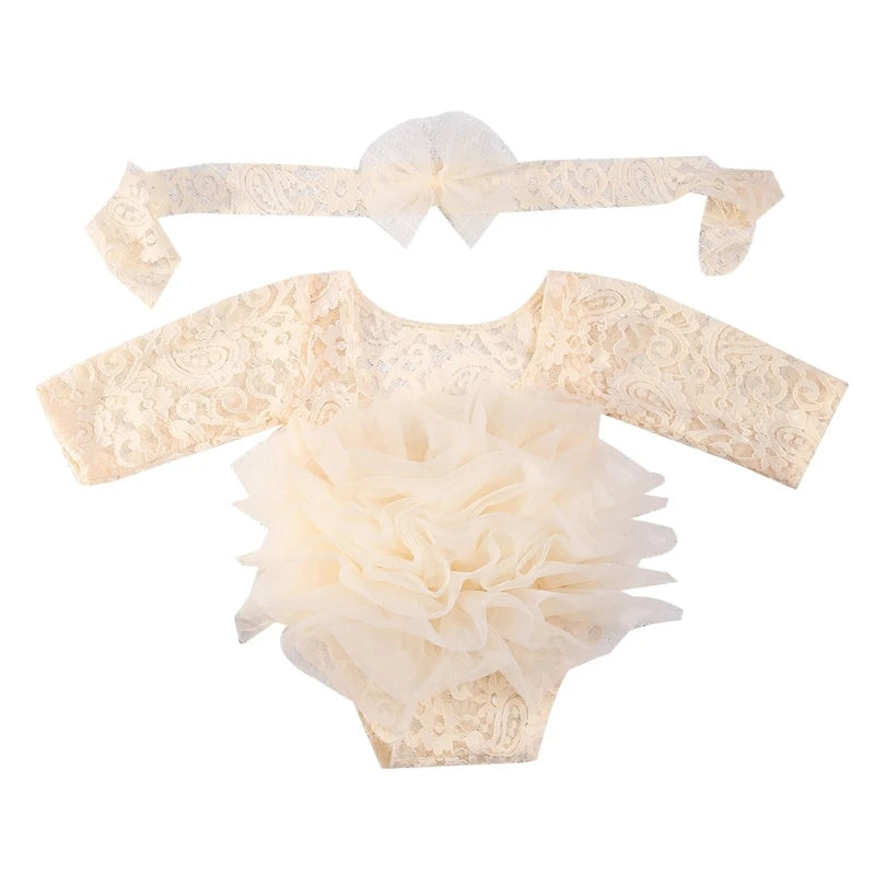 Newborn Toddler Baby Girl Romper Outfit Flower Lace Longsleeve Princess Romper Jumpsuits Tutu Dress Summer Fall Clothes Photo