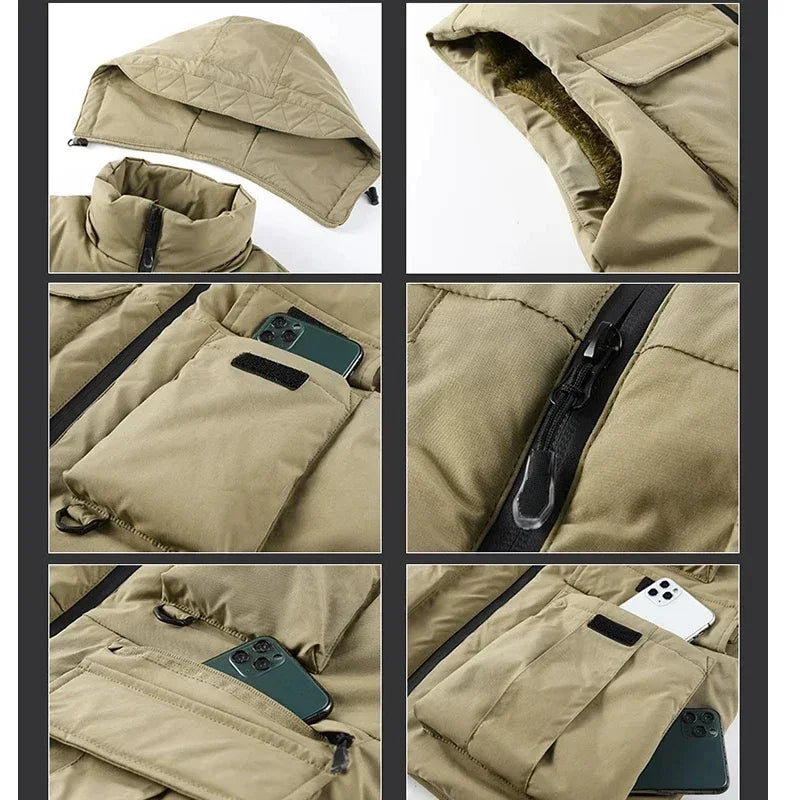 Men's Vest Coat Winter Windbreaker Fashion Sleeveless Jacket Waistcoat Thick Warm Fleece Workwear Tops Detachable hat Cargo Vest