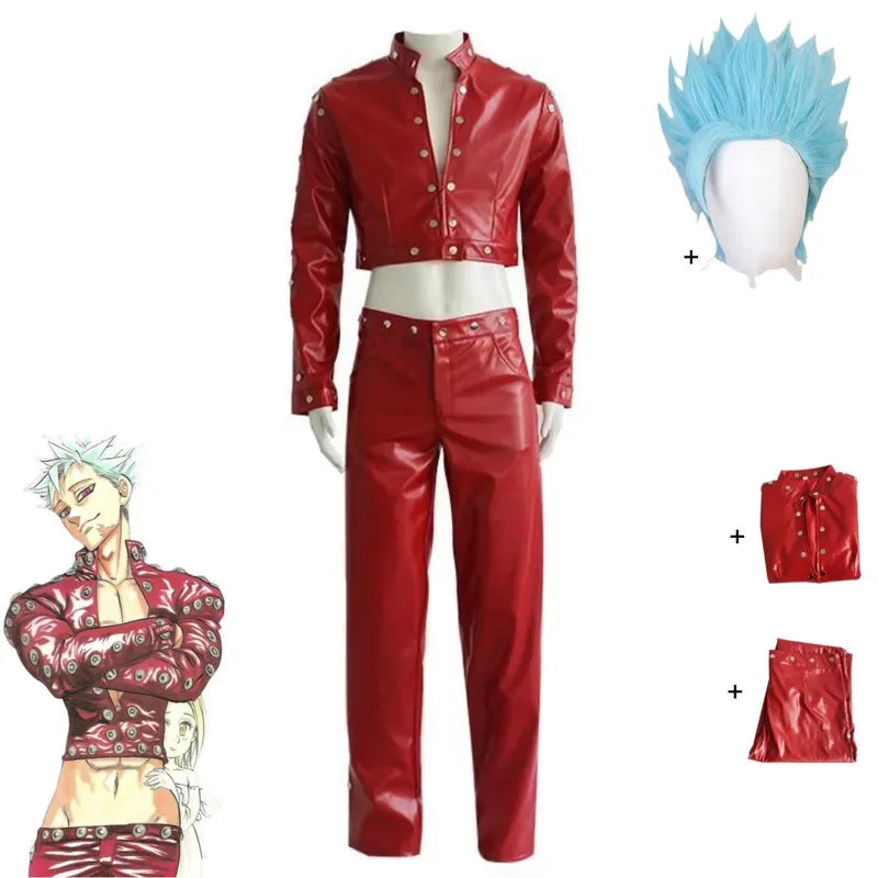 Lyou 2025 Anime Seven Deadly Sins: Wrath of The Gods Ban Cosplay Costume Red PU Coat Pants Wig Adult Man Woman Halloween Ca★★★kk