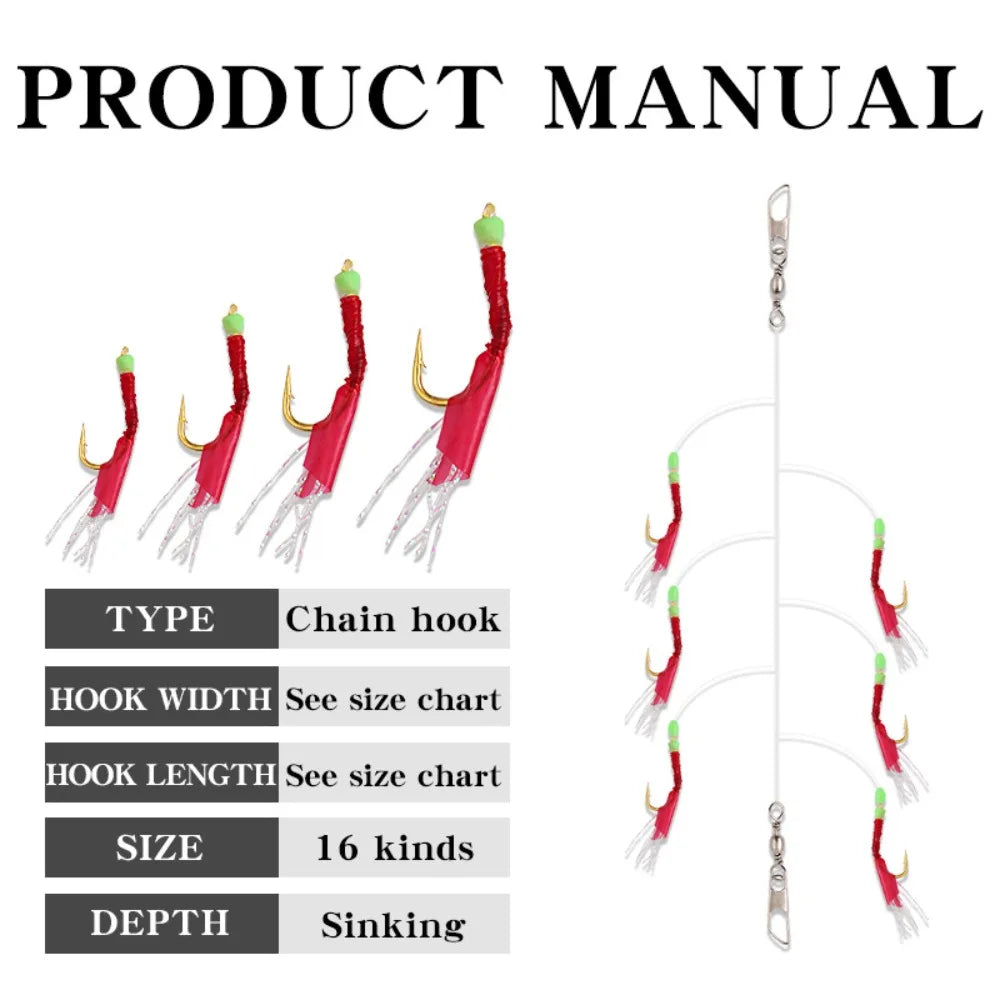 6pcs Luminous Bean Sabiki String Hook Rig Wobbler Rubber Bionic String Hook 10 Sizes Lure Bait Tackle for Sea/Freshwater Fishing