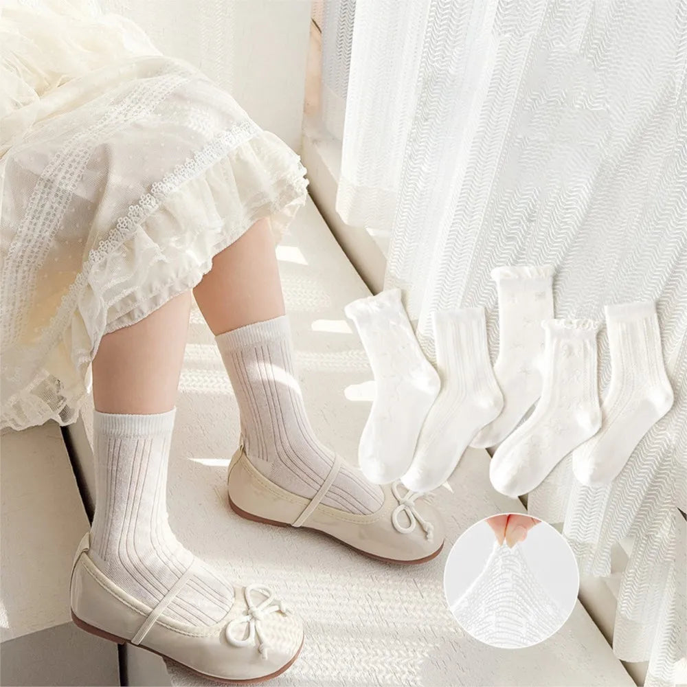 5 Pairs/Pack Girls Lolita Socks Summer Thin Breathable White Princess Lace Trimmed Ankle Socks for Baby Children Clothes
