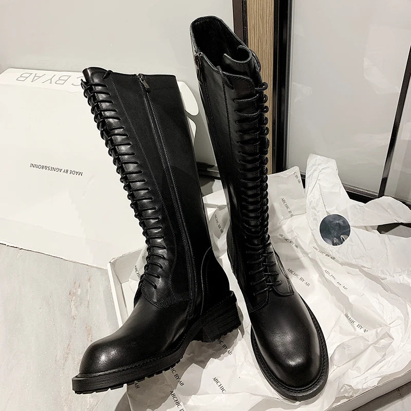 2025 New Women Knee High Boots Genuine Leather Sexy Shoes Riding Motorcycle Boots