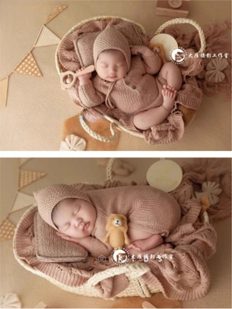 Newborn Photo Accessories Baby Shooting Props Vintage Retro Knitted Clothes Blanket Basket for Studio Photoshoot Fotografia Prop